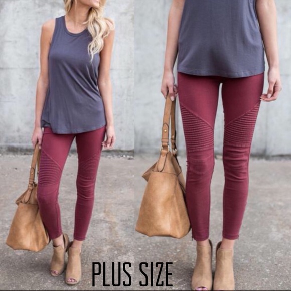 Plus Size Burgundy Moto Pants - Picture 2 of 3